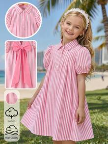 SHEIN Elladie kids Đầm cotton hồng kẻ sọc cho bé gái, điểm nhấn là nơ hồng ngoại cỡ, tay phồng ngắn, cổ Peter Pan, kiểu dáng thường ngày, thích hợp cho kỳ nghỉ, mặc hàng ngày. - Hồng - Xem 4