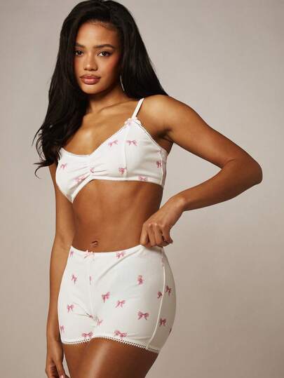 MISSGUIDED Ribbed Knit Bralette Top And Matching Shorts Two Piece Lounge Set With Pink Bow Print And Lace Trim Details