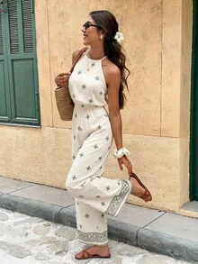 SHEIN Frenchy Bộ áo liền quần cổ yếm in hoa dành cho nữ, quần dài kiểu dáng thường ngày. - Màu be - Xem 2