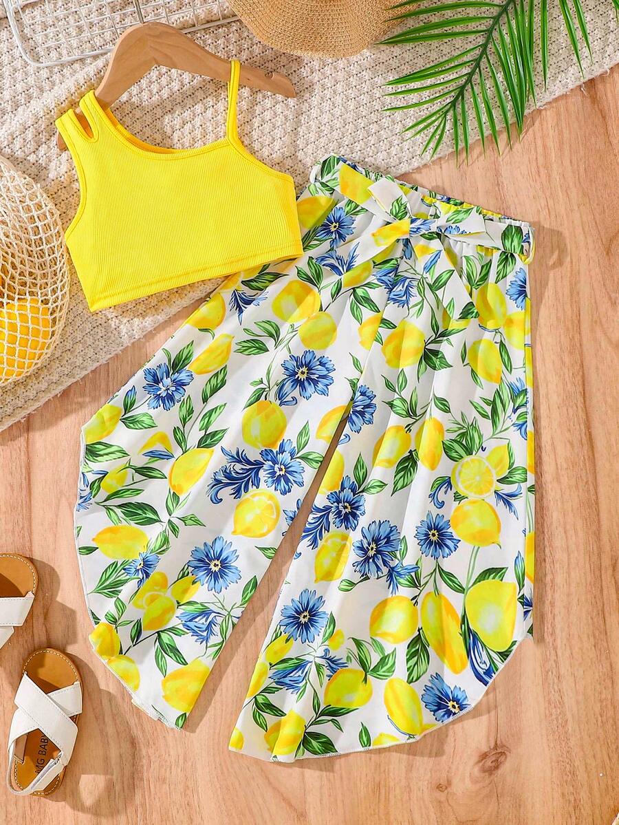 SHEIN Young Girl Vacation Solid Color Asymmetric Neck Camisole And Lemon Print Wide Leg Pants Set - Yellow - View 1