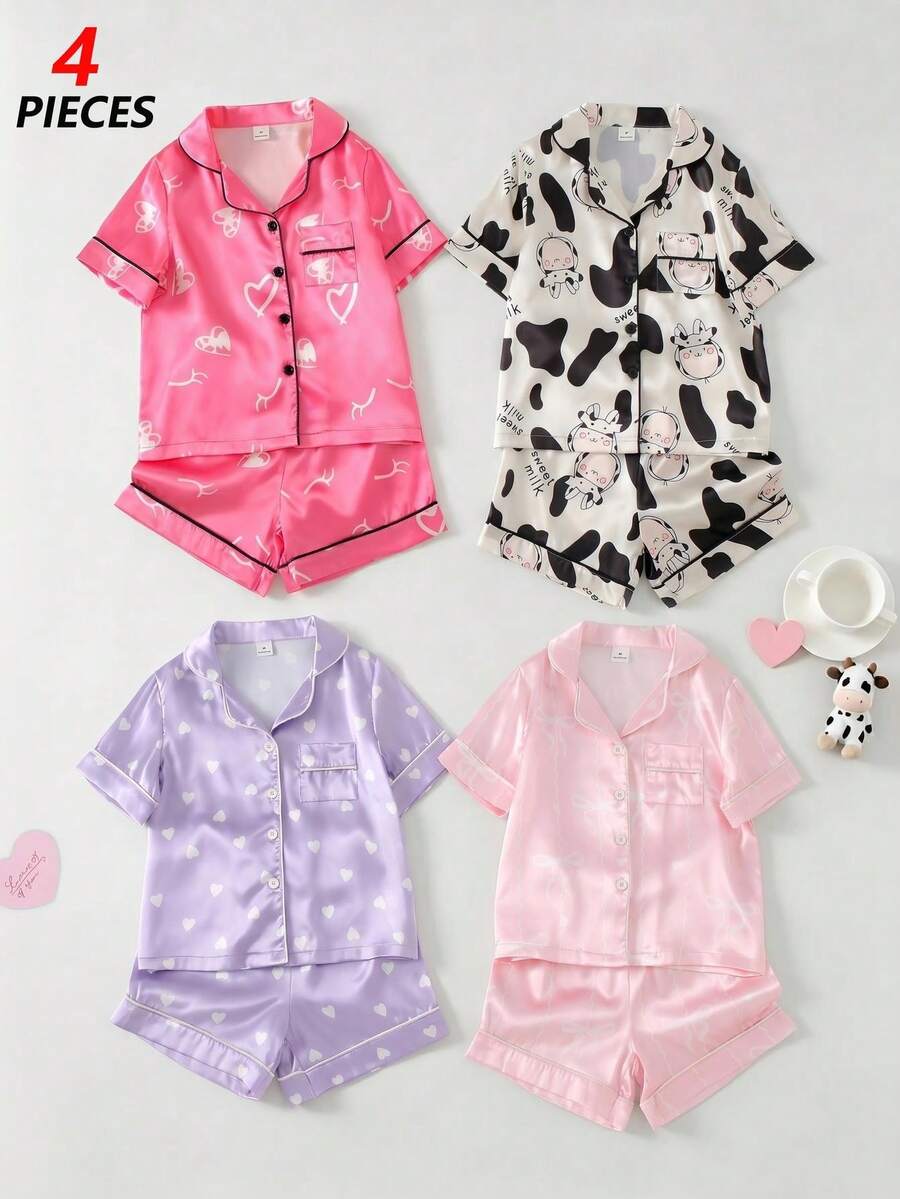 SHEIN Playful Pals Bộ quần short giả lụa cổ ve lật in hình nơ và trái tim cho bé gái, đồ mặc nhà. - Nhiều màu - Xem 1