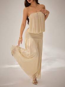 SHEIN PETITE Đầm cúp ngực màu mơ mới dành cho nữ, trang phục mùa hè, thiết kế hở lưng, chi tiết xếp ly, đầm dài thướt tha, lớp vải voan mỏng bên ngoài. - Màu be - Xem 4