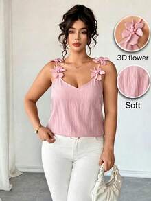 SHEIN Clasi 大码女式优雅3D立体花卉装饰蓝色纹理面料休闲衬衫，弹力修身舒适吊带衫，腰部褶皱设计，A字版型，修身显瘦，适合返校、毕业典礼、情人节、音乐节、母亲节、万圣节、感恩节、复活节、国庆节、舞会、约会、婚礼、户外活动等场合。 - 粉色 - 查看 1