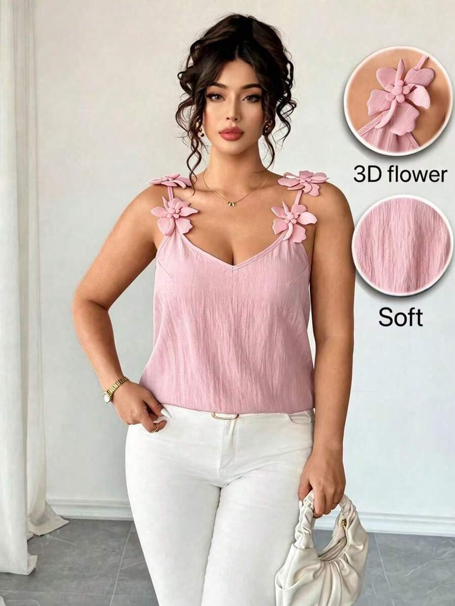 SHEIN Clasi 大码女式优雅3D立体花卉装饰蓝色纹理面料休闲衬衫,弹力修身舒适吊带衫,腰部褶皱设计,A字版型,修身显瘦,适合返校、毕业典礼、情人节、音乐节、母亲节、万圣节、感恩节、复活节、国庆节、舞会、约会、婚礼、户外活动等场合。 - 粉色 - 查看 1