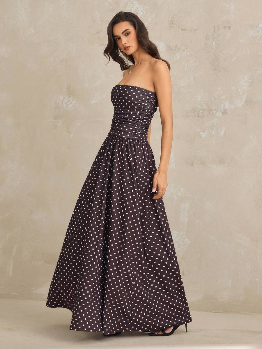 SHEIN Tall Đầm quây eo họa tiết chấm bi cho nữ, kiểu dáng đi nghỉ mát, đầm nữ thường ngày, đầm dài màu nâu, đầm maxi màu nâu, đầm chấm bi màu nâu. - màu nâu - Xem 1