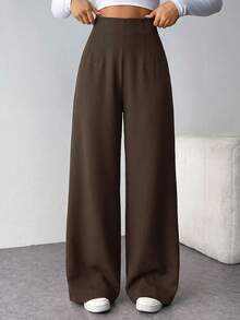 SHEIN Tall CURVE 大码休闲纯色高腰阔腿裤 - 黑色 - 查看 7