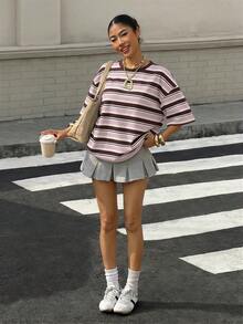 Muchica Women's Striped Round Neck Drop Shoulder Casual Versatile T-Shirt,Summer Top - Pink - View 3