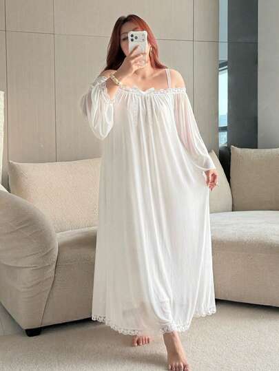 Dazy Plus Plus Size Women Elegant Off-Shoulder Contrast Lace Chiffon Maxi Nightgown, Sexy Sleeveless Lingerie For Spring & Summer