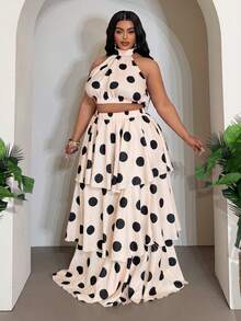 SHEIN CURVE+ Bộ váy hai mảnh cỡ lớn mùa hè mới + áo cỡ lớn dành cho nữ, hoàn hảo cho tiệc sinh nhật, tựu trường, mẫu giáo, trang phục học sinh, đi chơi hàng ngày, cơ bản và đa năng, giải trí, kỳ nghỉ, du lịch biển, bãi biển, tắm nắng, đồ đơn lẻ, phong cách đường phố, gợi cảm Y2K, thanh lịch và lãng mạn, lựa chọn hoàn hảo cho hẹn hò và mua sắm, áo không tay trễ vai cổ tròn, váy xếp ly nhiều lớp, bộ váy hai mảnh chấm bi cỡ lớn dành cho nữ - A - Nhiều màu - Xem 4
