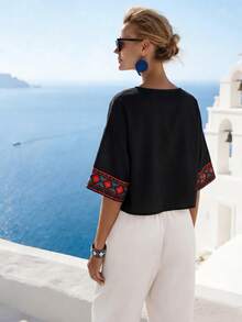 Louniche Loose V-Neck Print Casual Elegant Vacation Blouse For Women - Multicolor - View 2