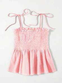 SHEIN Franclia 女士纯色荷叶边吊带背心，度假必备 - 粉色 - 查看 3