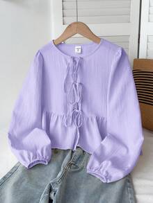 SHEIN Áo sơ mi dài tay cổ tròn, thắt nơ, phong cách tối giản, thoải mái cho bé gái tuổi teen, chất liệu vải có họa tiết, thích hợp cho mùa tựu trường. - Màu tím - Xem 1