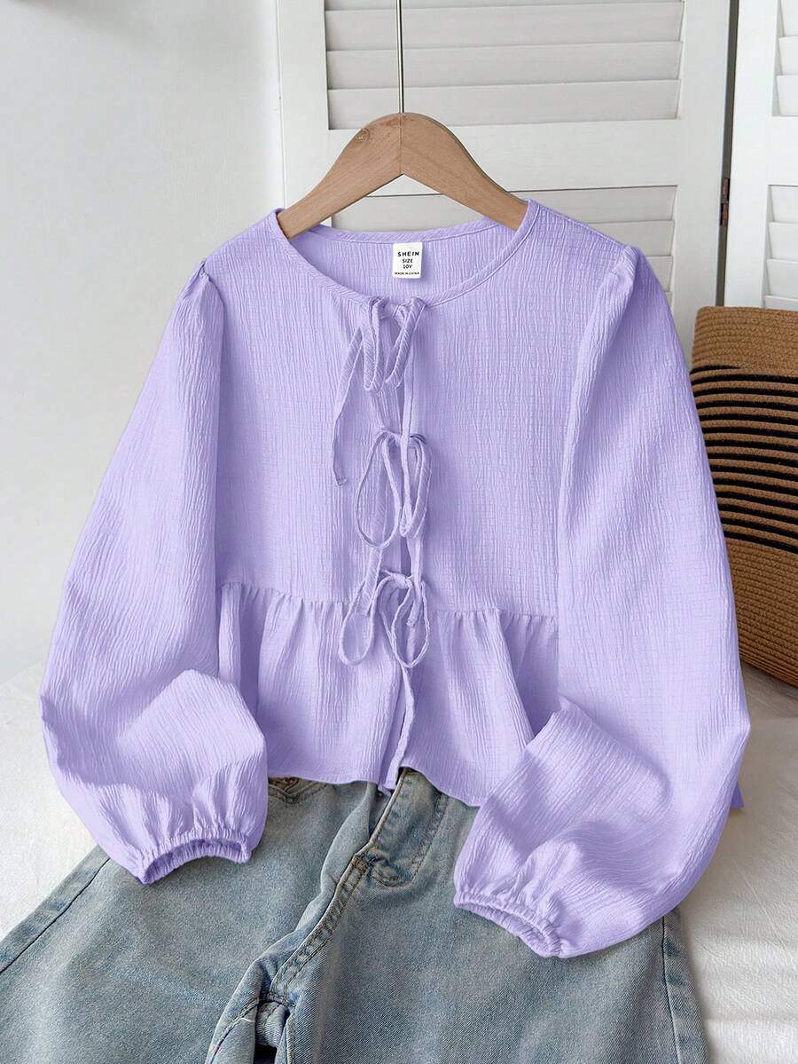 SHEIN Áo sơ mi dài tay cổ tròn, thắt nơ, phong cách tối giản, thoải mái cho bé gái tuổi teen, chất liệu vải có họa tiết, thích hợp cho mùa tựu trường. - Màu tím - Xem 1