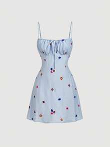 SHEIN MOD Váy hai dây màu xanh dương thêu họa tiết, xếp nếp ở phần ngực. - Màu xanh lam - Xem 2