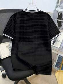 Manfinity Joysei Men's Jacquard Knit Solid Color Textured Collar & Cuff Ribbed Patch T-Shirt - Black - View 2
