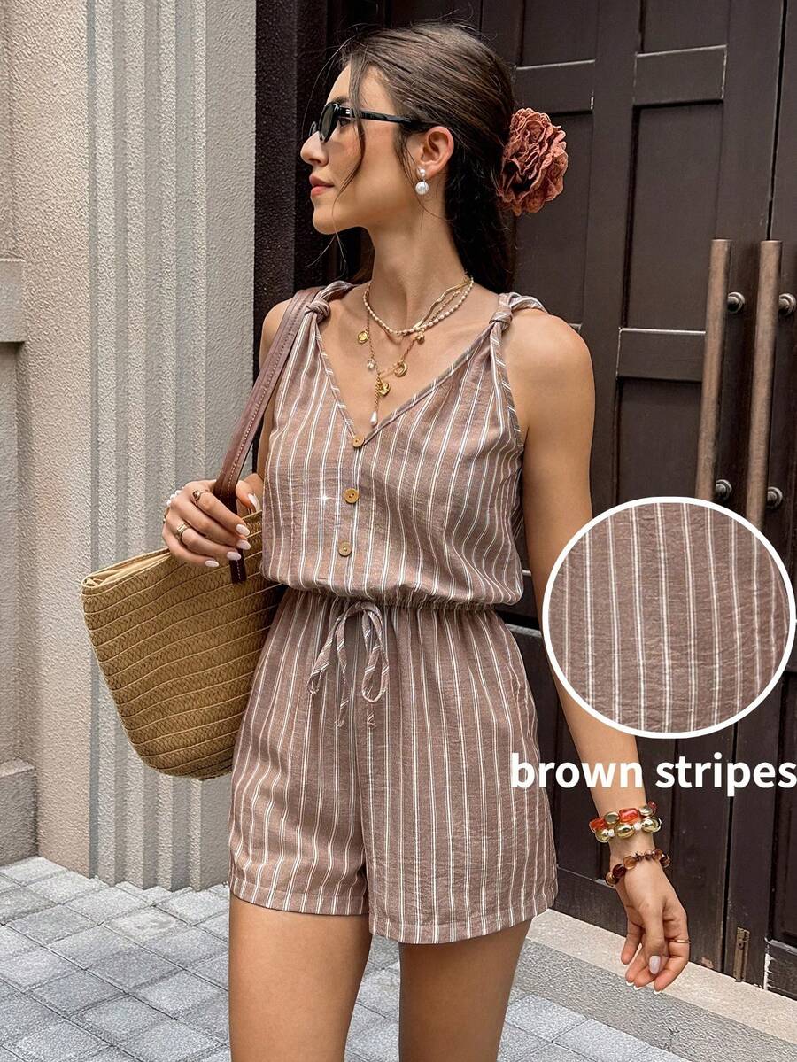 Serisse Bộ áo liền quần nữ mùa hè đơn giản, thoải mái, có cúc trang trí, cạp chun co giãn, kiểu dáng thường ngày. Áo liền quần vải lanh thoải mái cho nữ. - màu nâu - Xem 1