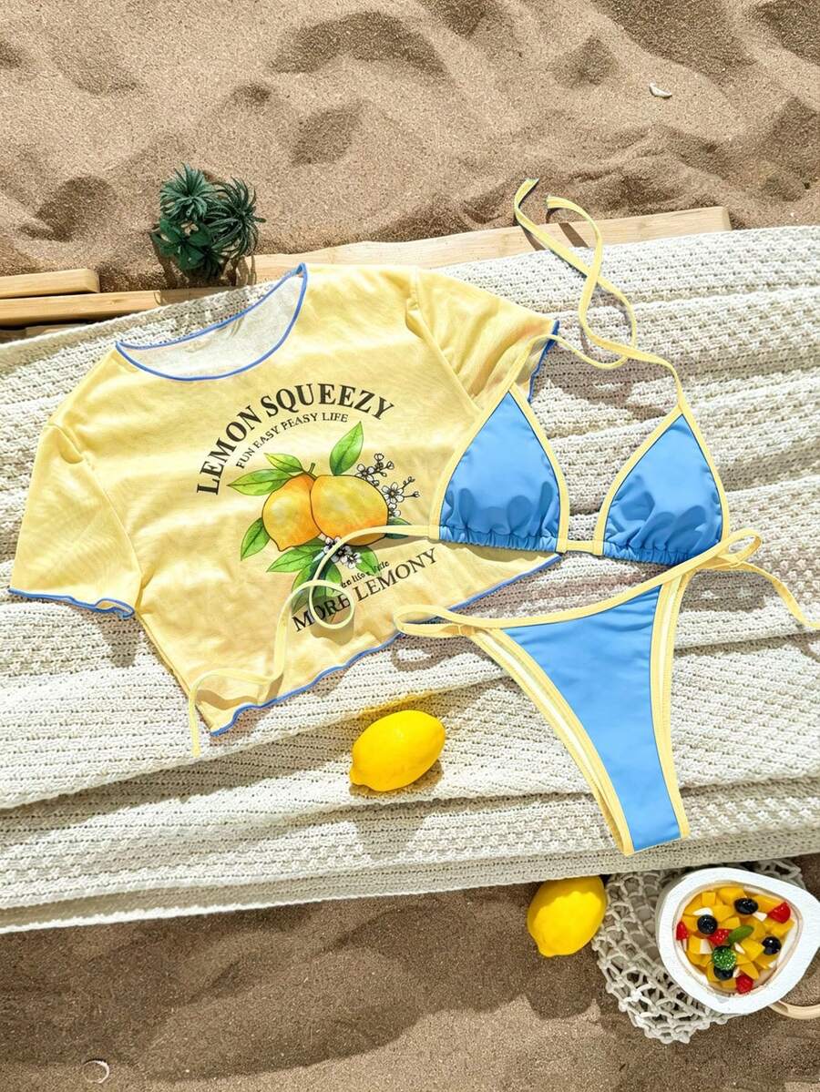 Swim Vcay 2026新款女士印花三角比基尼套装,配网纱背心,休闲性感泳装,适合夏季海滩度假 - 彩色 - 查看 1