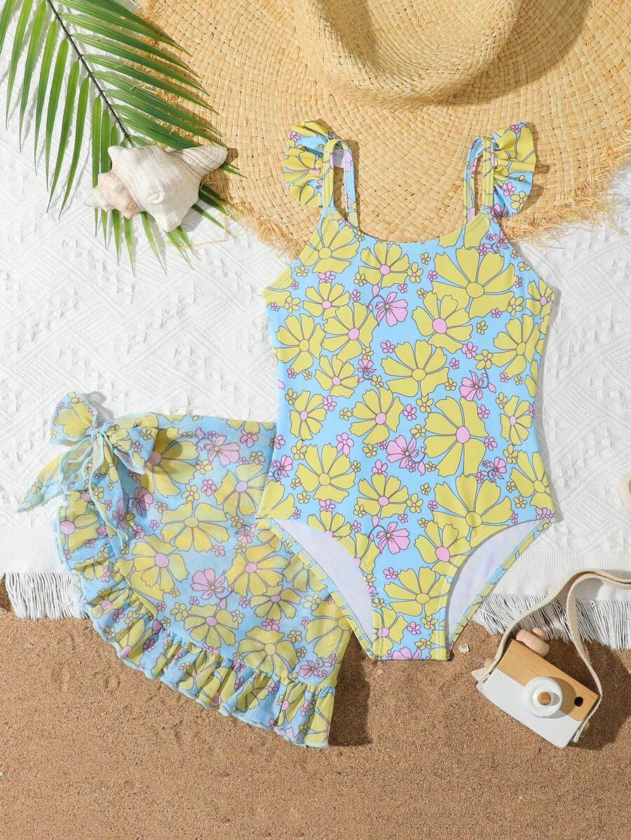 Bộ đồ bơi liền thân (size nhỏ) cho bé gái, họa tiết hoa màu vàng, kiểu áo liền quần in hoa phối váy lưới, thích hợp cho bãi biển, kỳ nghỉ, bãi cát, vui chơi, du lịch, lý tưởng cho mùa hè. - Nhiều màu - Xem 1
