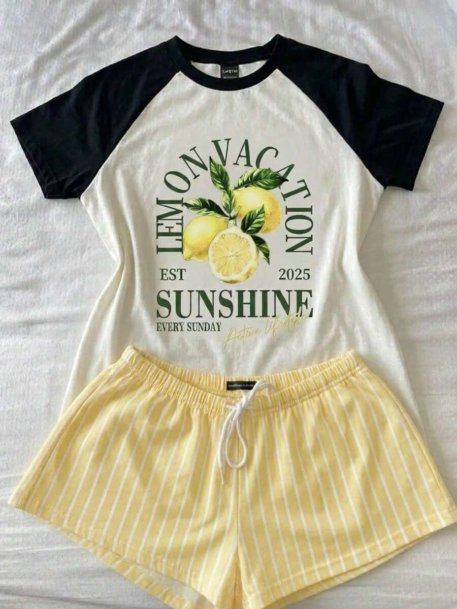Attitoon Áo thun nữ dáng ôm vừa vặn, cổ tròn, tay raglan, in chữ hình quả chanh theo phong cách retro tối giản, thích hợp cho mùa hè. - Đen và trắng - Xem 1