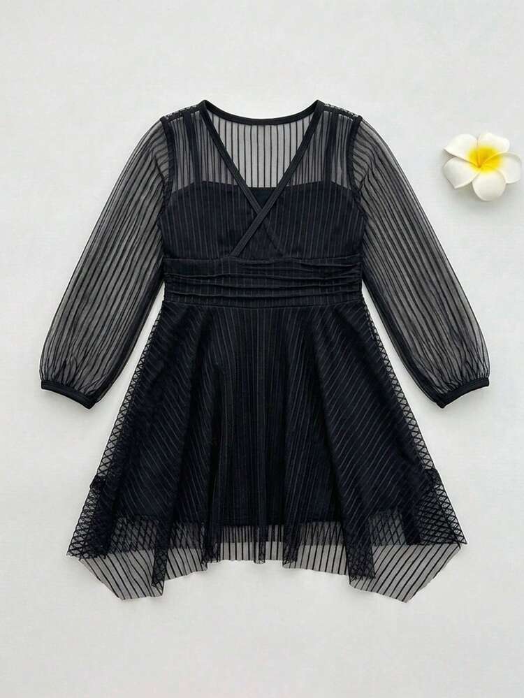 Young Girl Striped Mesh One-Piece Swimsuit Vacation