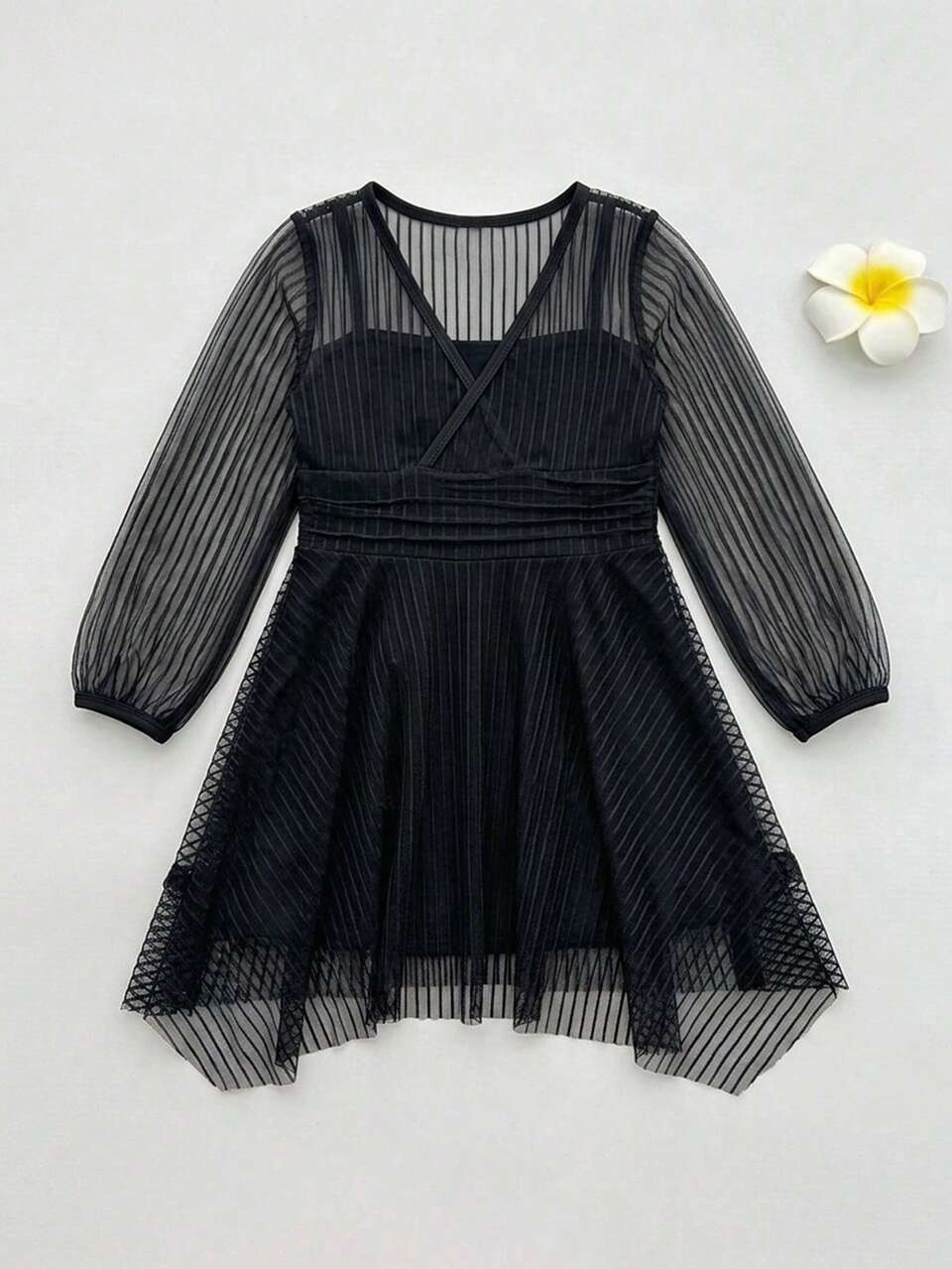 Young Girl Striped Mesh One-Piece Swimsuit Vacation Summer