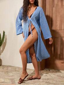 SHEIN 女士镂空和服罩衫，适合夏季海滩度假 - 淺藍色 - 查看 5