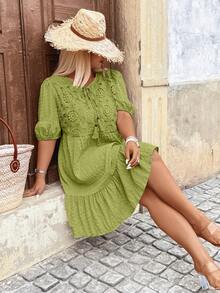 Breezaya Plus Size Lantern Sleeve Tassel Lace Patchwork Dress - Lime Green - View 6