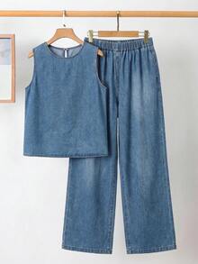 SHEIN Clasi Women's Light Wash Denim 2 Pieces Set,Pleated Sleeveless Top High Waist Wide Leg Pants,Summer Casual Light Blue Co-Ord Outfit Everyday Going Out Work - Blue - View 2