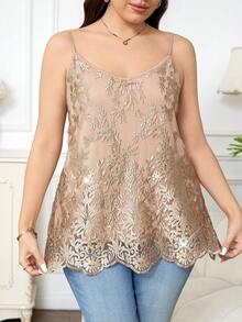 SHEIN Clasi Plus Size Women Floral Embroidery Pattern Casual Versatile Daily Wear Camisole - Khaki - View 4