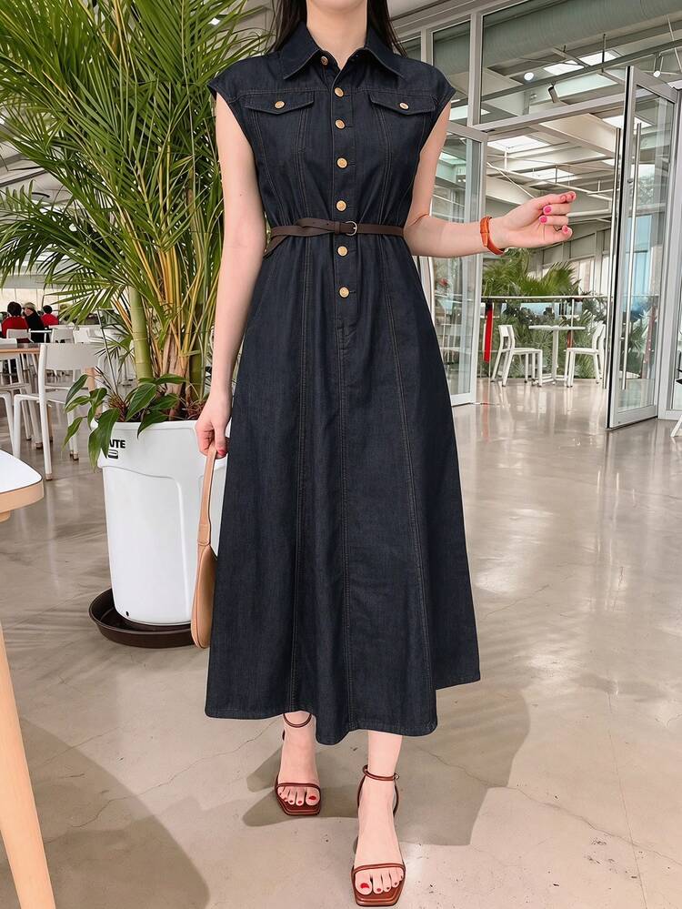 Washed Sleeveless Button-Up Denim Dress For Women