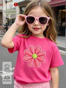 Girls' Casual Creative Floral Embroidered Graphic Tee, Comfortable Daily Wear, Suitable For Spring, Summer And Autumn - Hot Pink - View 5