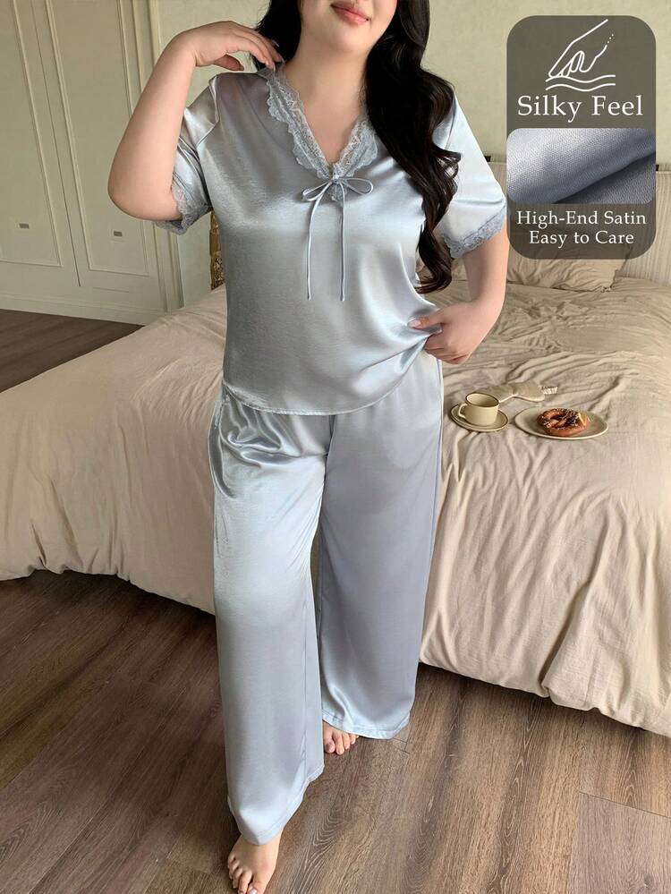 Dazy Plus 2pcs Satin Pajama Set, V-Neck Lace Patchwork Elegant Short Sleeve Top And Long Pants, Plus Size Women Spring/Summer Blue Sleepwear
