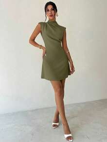 Firerie Women's Elegant Minimalist Casual Daily Commute Vacation Fashion New Small Stand Collar Draped Sleeve Cinched Waist A-Line Mini Dress, Apricot Color,Dresses For Women Summer - Army Green - View 5