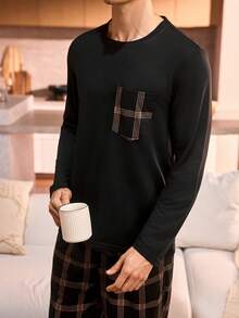 Manfinity Underwear&Sleepwear Basics 男士圆领长袖上衣和格子裤休闲家居服套装 - 黑色 - 查看 4