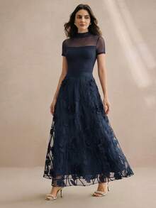 Anewsta Summer New Elegant Mesh 3D Floral A-Line Midi Skirt, Suitable For Daily Wear, Vacation, Dates - Blue - View 5