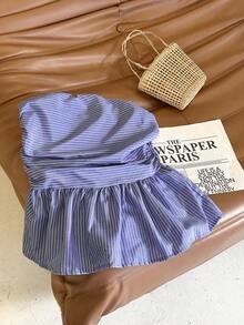 Flirla Women Striped Ruched Flounce Hem Bandeau Top - Navy Blue - View 3