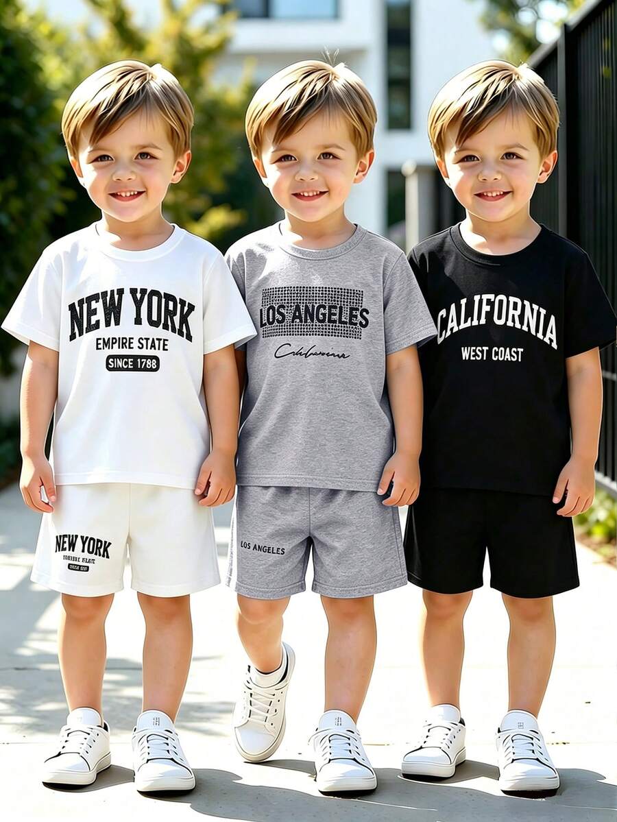 3 sets/6 piezas Conjunto de camiseta de manga corta con estampado de eslogan y pantalones cortos casuales para niños, adecuado para uso diario, vacaciones, deportes, verano - Blanco y Negro - Ver 1