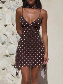 Aloruh Vestido mini con estampado de lunares sexy y de moda para mujer - Marrón - Ver 7