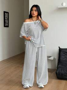Coolane Women's Plus Size Summer Streetwear Basic Daily Wear Going Out Comfy White Stripes Off Shoulder T-Shirt And Wide Leg Sweatpants Two Pieces Outfits - Black and White - View 8