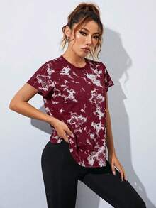 SHEIN Sports 女士扎染撞色网眼短袖运动T恤 - 酒紅色 - 查看 4
