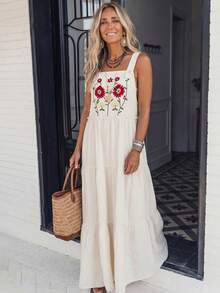 LanaWest Women's Western Casual 100% Cotton Adjustable Suspender Detailed Bohemian Style Embroidered Dress - Apricot - View 3