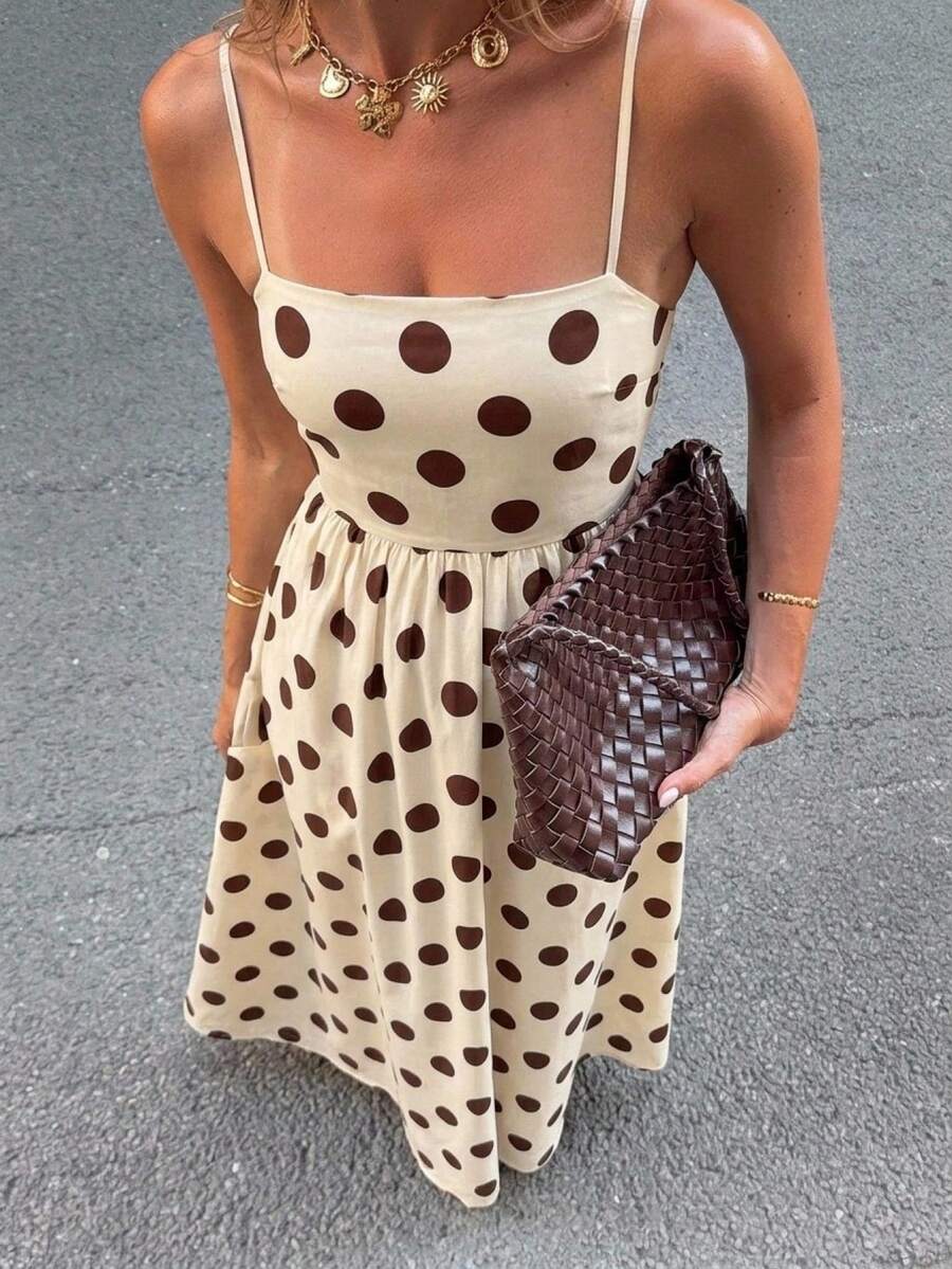 Serisse Đầm maxi nữ kiểu vintage thanh lịch họa tiết chấm bi, khoét lưng xếp ly, thích hợp cho mùa hè.