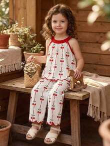 SHEIN Vintaside Kids 女童夏季黑白甜美清新蝴蝶结印花吊带上衣搭配阔腿裤套装，宽松舒适，适合日常外出、休闲旅行、家庭聚会和与朋友聚会。 - 紅色 - 查看 7
