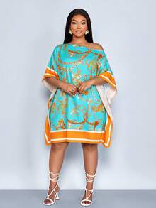 SOLERSUN Plus Size Women's Gold Summer Boho Elegant Tea Party Al-Adha Mid Length Dress,Off Shoulder Square Scarf Retro Forest Animal Positioning Printing - Green - View 6