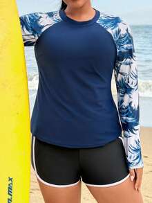 Swim SPRTY 2026新款两件套加大码女式印花长袖上衣和高腰撞色短裤，成熟休闲度假极简比基尼套装 - 彩色 - 查看 5
