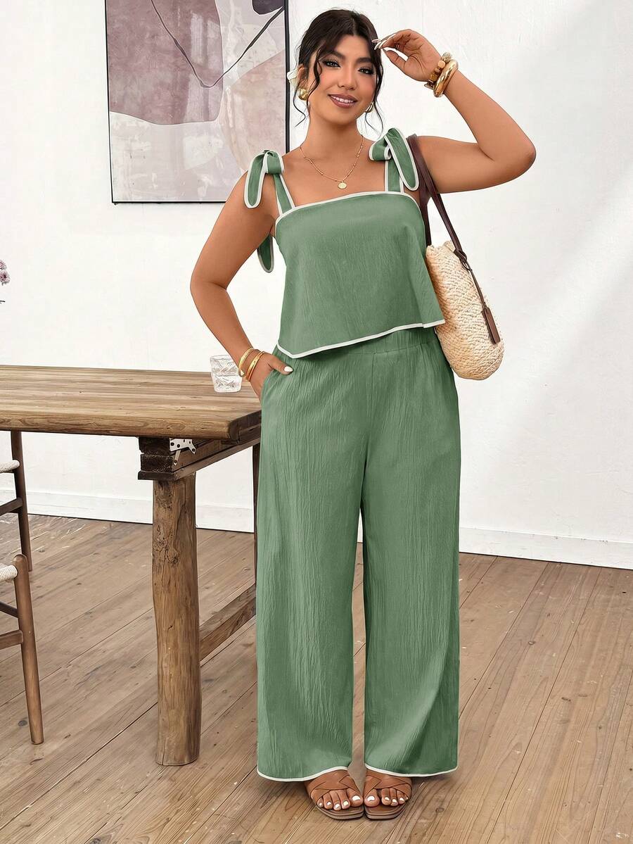 Lounesse Plus Size Women Shoulder Tie Design Camisole And Pants Set, Fashionable Commuter Outfit - Green - View 1