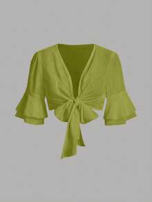 Camisa corta de color sólido con mangas acampanadas y lazo frontal de Qadelle - Verde - Ver 4