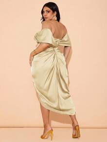 SHEIN BAE Plus Size Women Elegant Draping Mid-Length Dress, Suitable For Weddings, Bridesmaid, Cocktail And Formal Occasions - Light Yellow - View 2