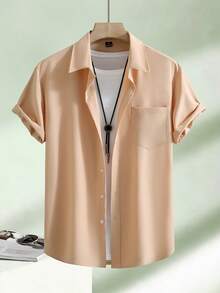 Manfinity Homme Camisa de manga corta de unicolor con un solo botón para hombre, casual/oficina, formal - Amarillo claro - Ver 3