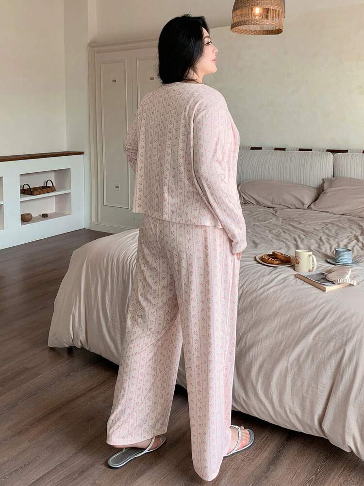 Dazy Plus 3pcs/Set Cute Ditsy Floral Contrast Trim Plus Size Women Pajama Set, Suitable For Spring, Summer, Autumn